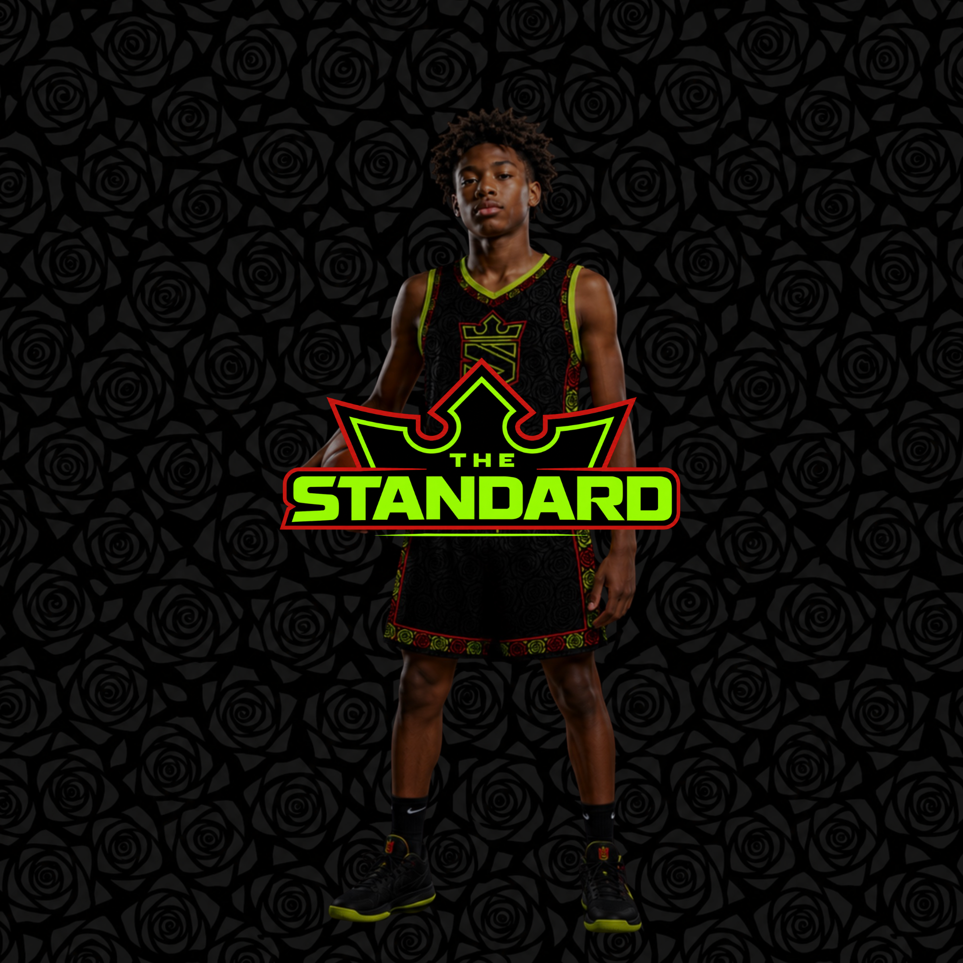 The Standard - Elite Atlanta travel basketball player in jersey with rose pattern background
