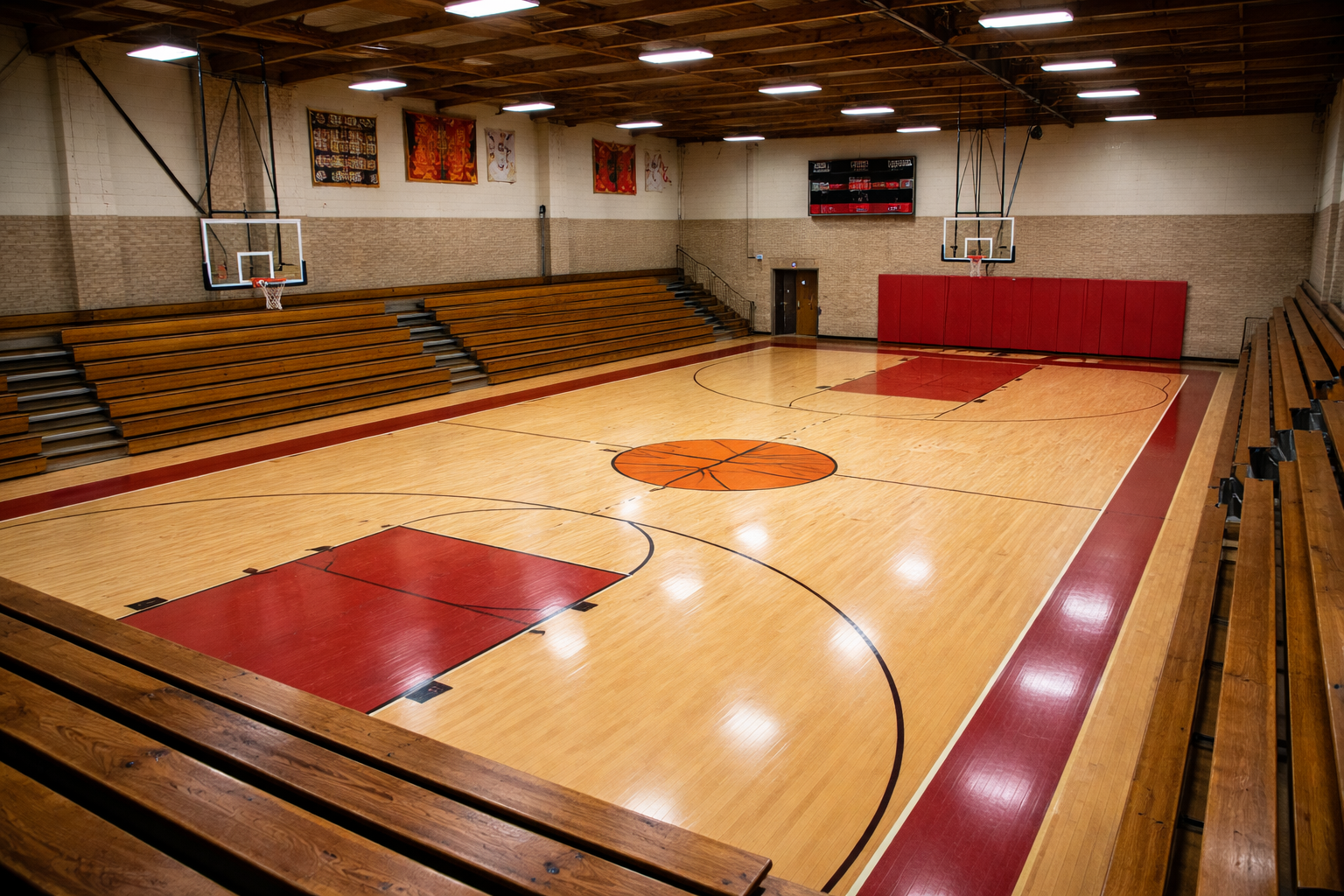 Empty indoor basketball court gymnasium