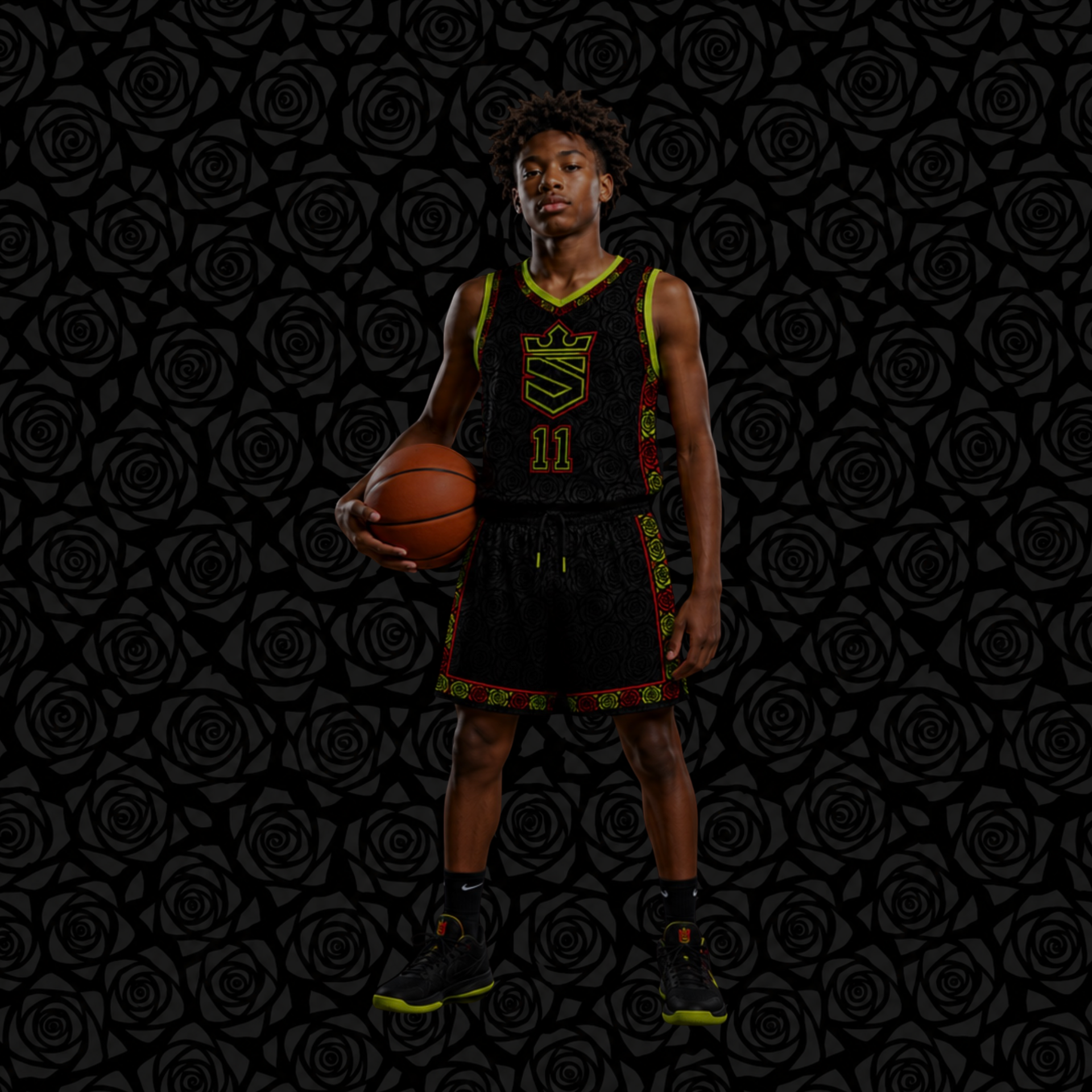 The Standard - Elite Atlanta travel basketball player in jersey with rose pattern background